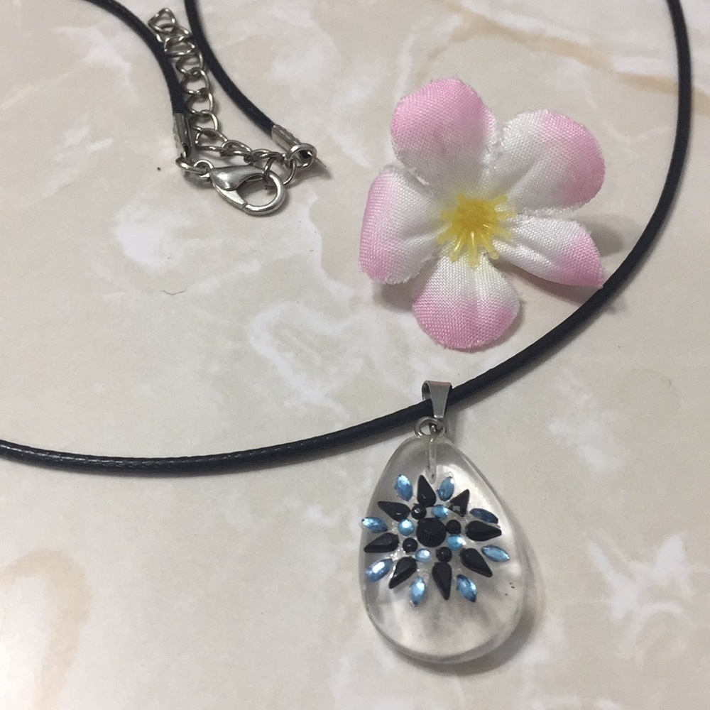 Clear Gem Embellished Black Cord Necklace